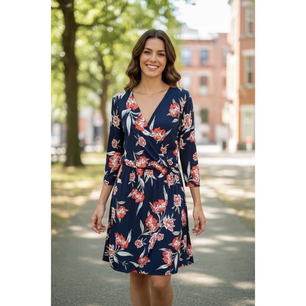 Gilli Navy Blue Floral Print Wrap Dress 3/4 Sleeve Made in USA Women's Small‎